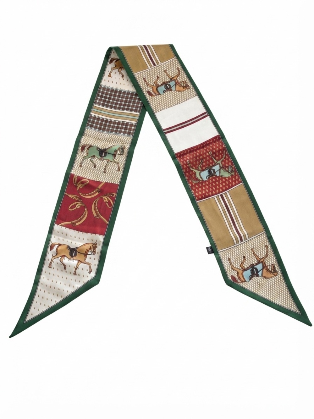 Extree Equestrian Long Silk Scarf Green Burgundy Horse Print Twilly Neck Scarf